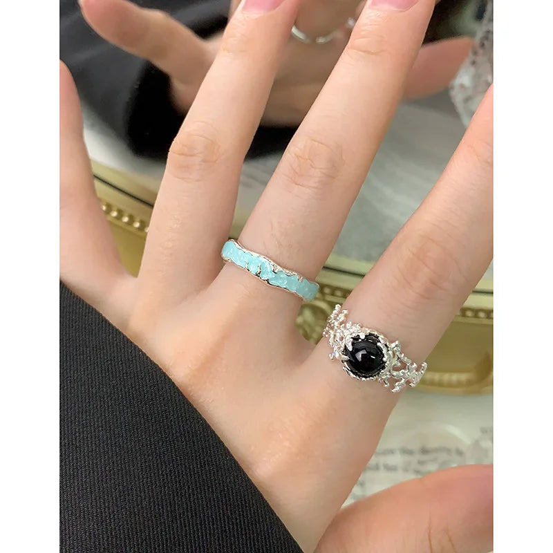 100% Authentic 925 sterling silver Coral shaped personalized design with inlaid black agate silver ring