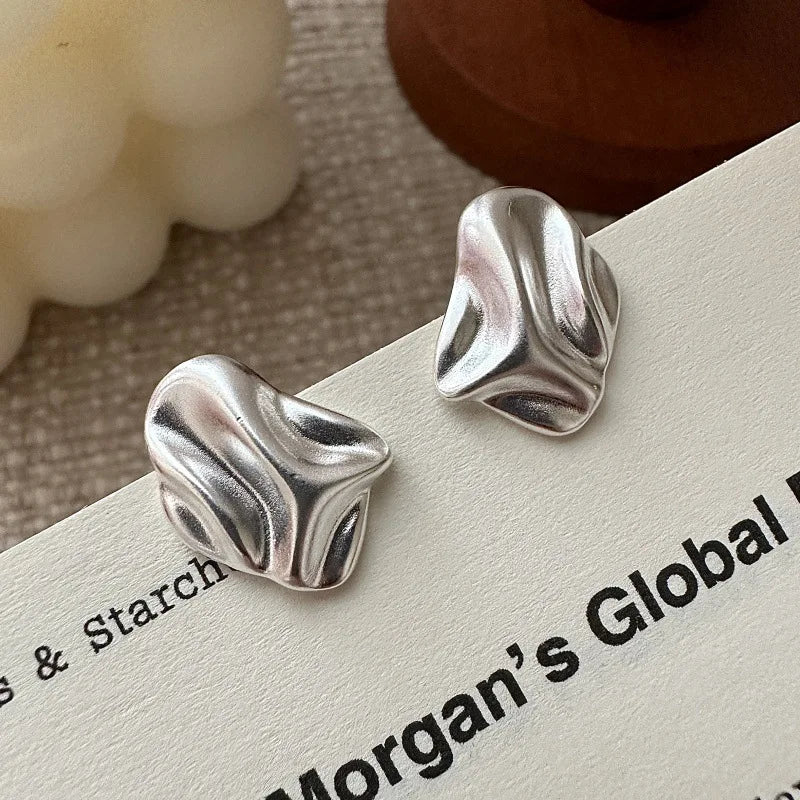 100% 925 Sterling Silver Retro Fold Texture Stud Earrings Exquisite Geometric Jewelry Women Earrings Gift