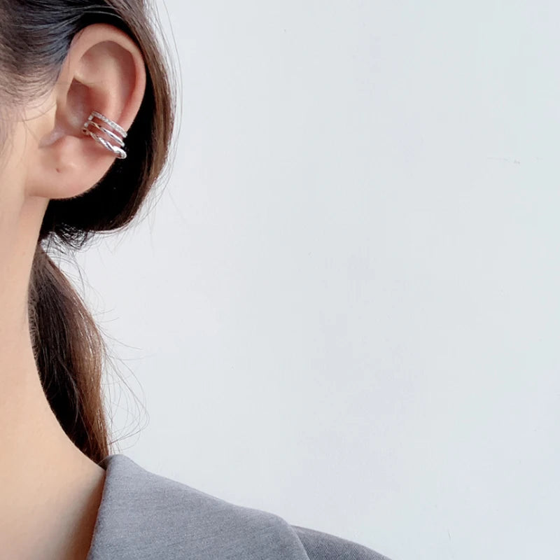 100% 925 Sterling Silver No Pierced CZ Inlaid Glossy Uneven Wide Ear Cuff  Fine Jewelry for women