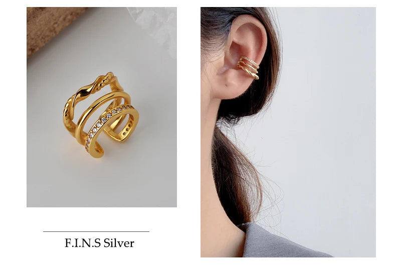 100% 925 Sterling Silver No Pierced CZ Inlaid Glossy Uneven Wide Ear Cuff  Fine Jewelry for women