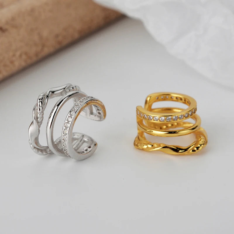 100% 925 Sterling Silver No Pierced CZ Inlaid Glossy Uneven Wide Ear Cuff  Fine Jewelry for women