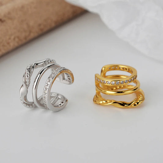 100% 925 Sterling Silver No Pierced CZ Inlaid Glossy Uneven Wide Ear Cuff  Fine Jewelry for women