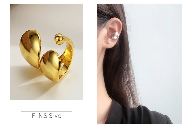 100% 925 Sterling Silver Glossy Double-Layer Ear Cuff Clip Wide Ear Bone Buckle without Piercing Fine Jewelry
