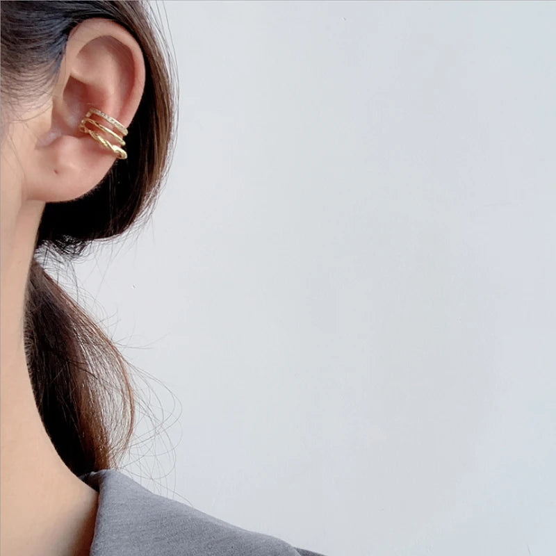 100% 925 Sterling Silver No Pierced CZ Inlaid Glossy Uneven Wide Ear Cuff  Fine Jewelry for women