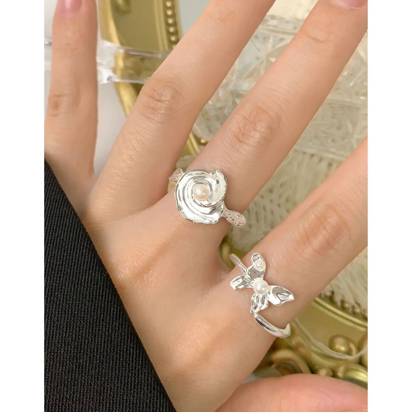 100% Authentic 925 sterling silver Natural pearl irregular wrinkled texture ring with conch shaped design open ring