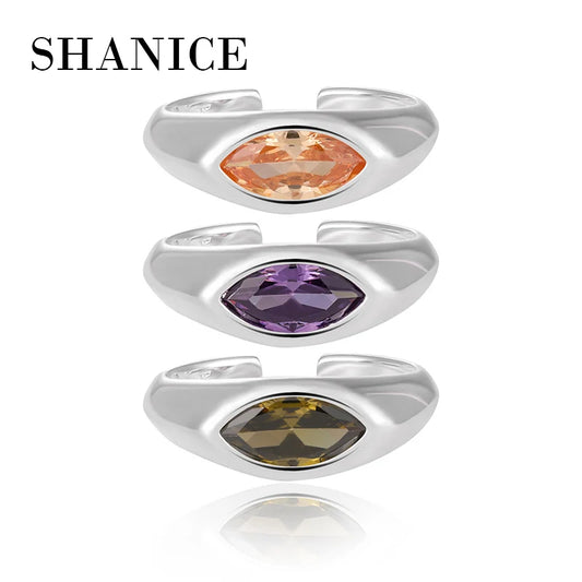 SHANICE S925 Sterling Silver  Luxury Olive Green Heavy Industry Rings Zircon Oval Style Open Ring Simple Female Jewelry