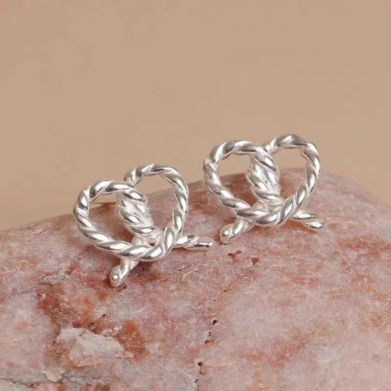 100% 925 Sterling Silver Sweet Cute Twist Bow Stud Earrings for Women Fashion Simple Charm Party Statement