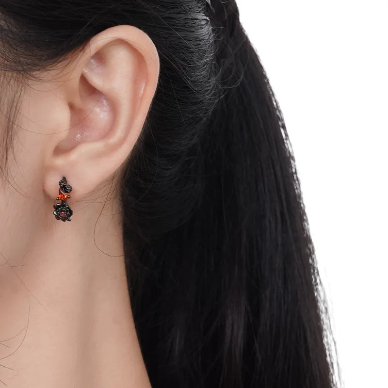 1 PCS 100% 925 Sterling Silver Black Rose Earrings for Women Small all-matched Fashionable CZ crystal stud Earrings ear cuff