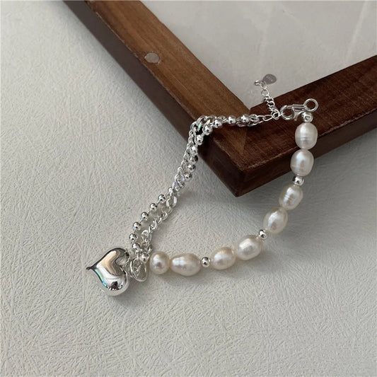 100% S925 Sterling silver Beads Link Pearl Chain Bracelet with Heart Women's Fashion Jewelry