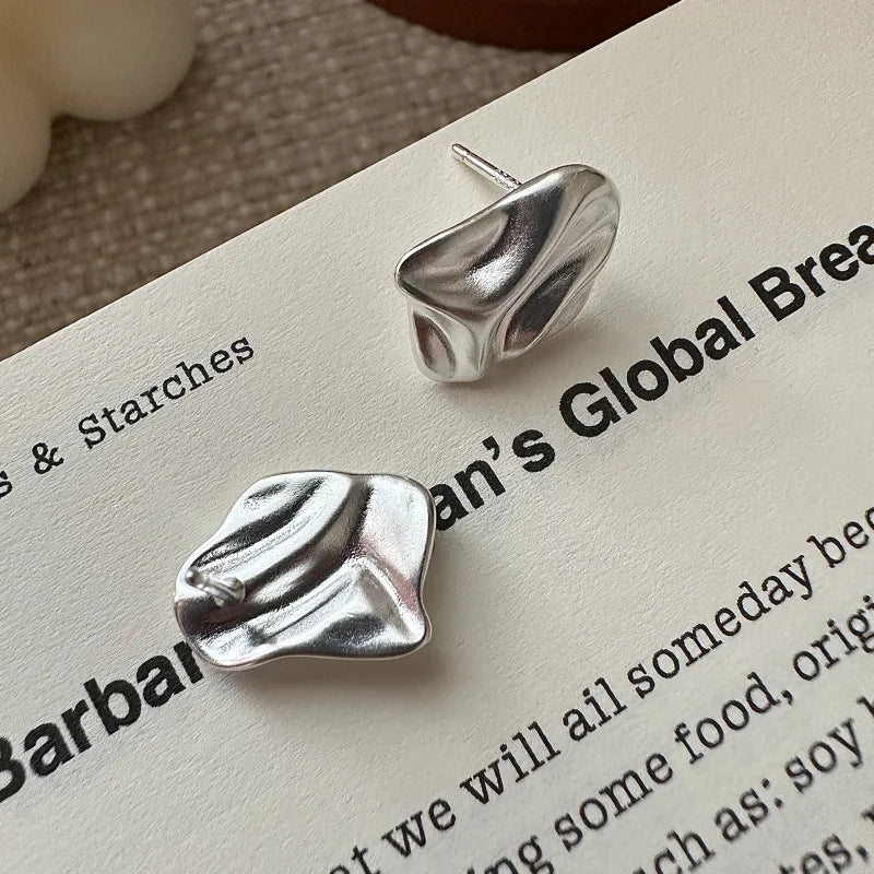 100% 925 Sterling Silver Retro Fold Texture Stud Earrings Exquisite Geometric Jewelry Women Earrings Gift 