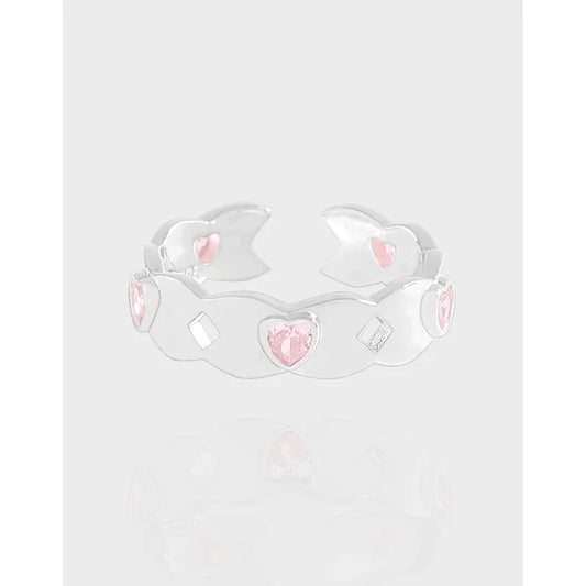 Trendy Women Ring Accessories 925 Silver Jewelry with Heart Shape Pink Zircon Gemstone Open Finger Rings for Wedding Party Gift