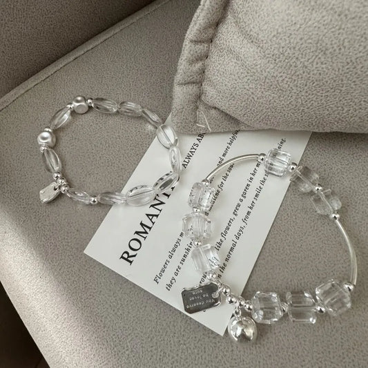 100% S925 Sterling silver Bracelet for Women Girls Elastic rope white crystal Charm Bracelet Jewelry Gift