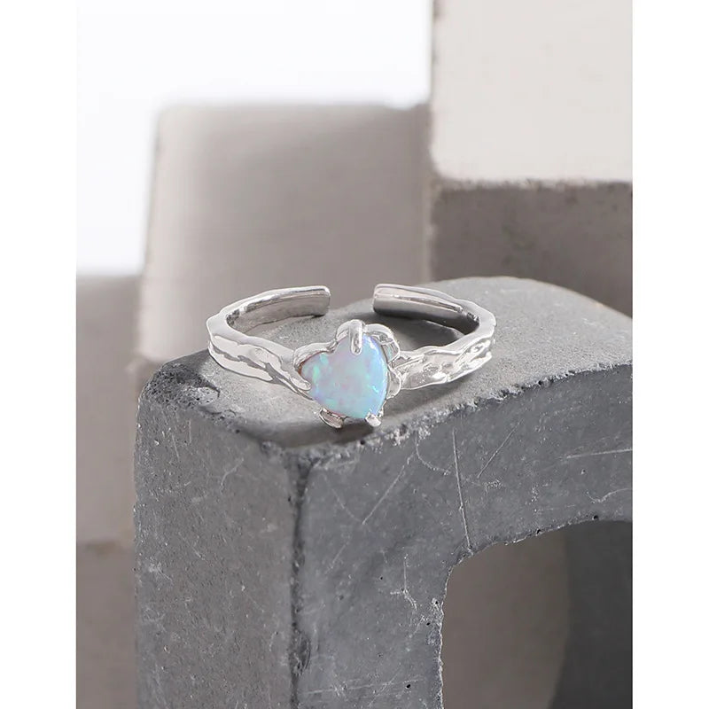 925 Sterling Silver Design wrinkled texture Opal stone ring irregular ring