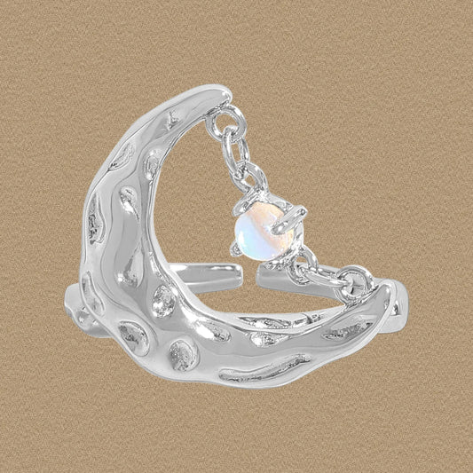  S925 Sterling Silver Lava textured moon ring Chain Open Adjustable Ring Moonstone Ring Women Finger Fine Jewelry