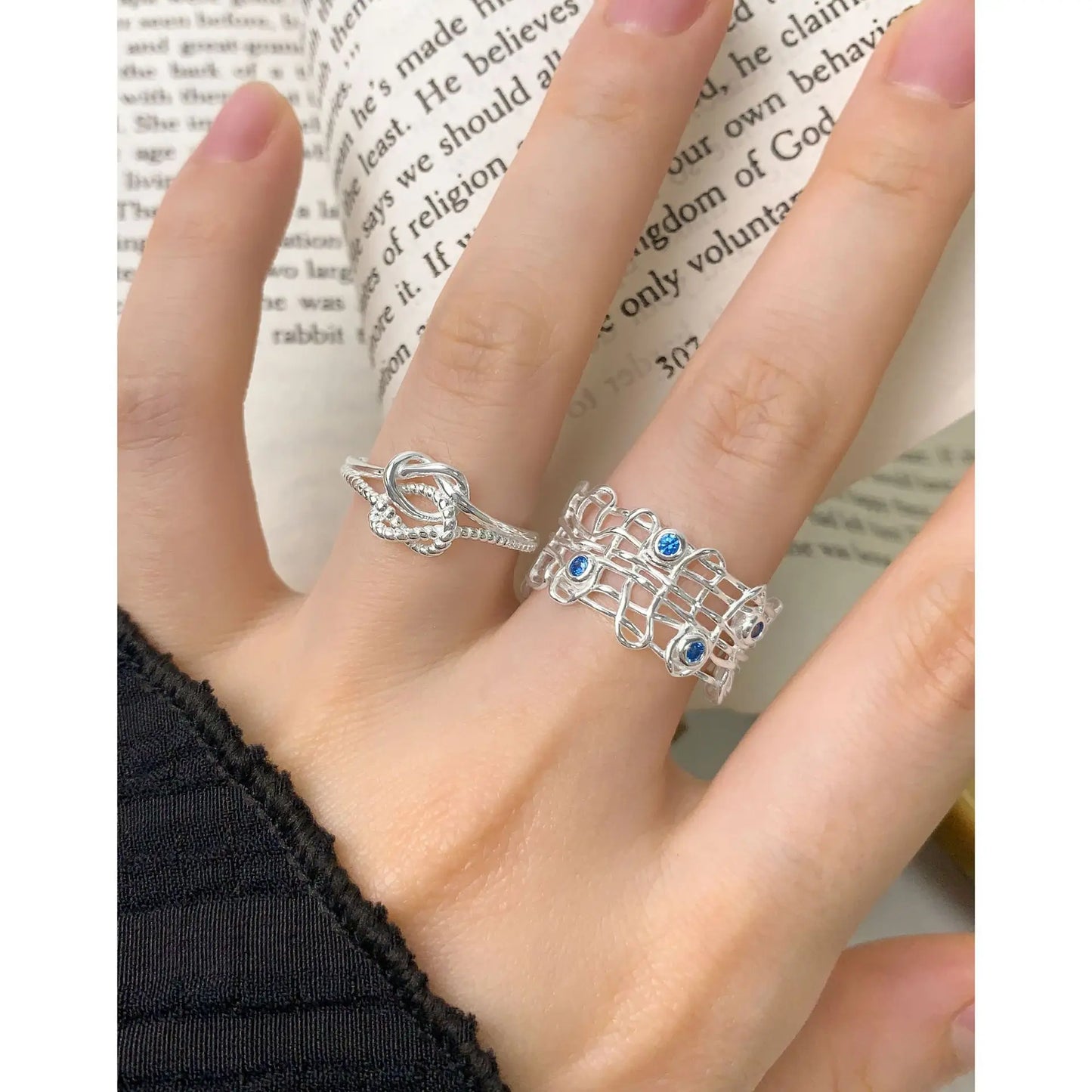  S925 Sterling Silver Weaving Grid Open Ring Female Resizable Opening Ring For Women Birthday Gift 