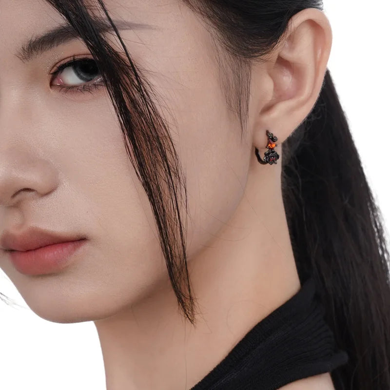 1 PCS 100% 925 Sterling Silver Black Rose Earrings for Women Small all-matched Fashionable CZ crystal stud Earrings ear cuff