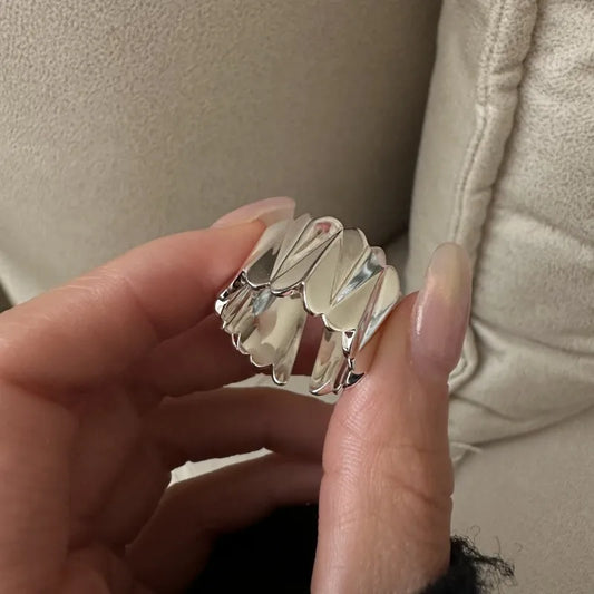 Big retro S925 Sterling Silver Geometric Open Wide Ring for Women Vintage Fashion Jewelry