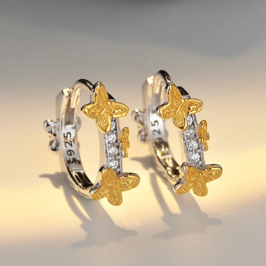 Simple S925 Sterling Silver Color blocked butterfly earrings with simple ins style CZ studded earrings for women