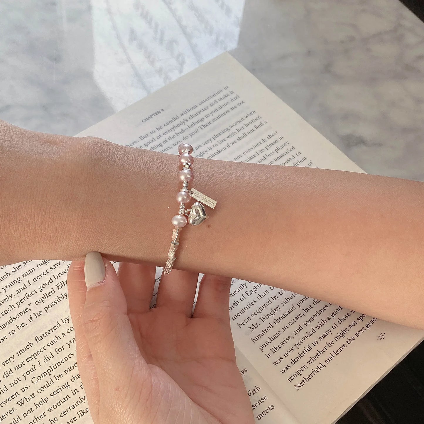 925 Sterling Silver Korean version of Heartbroken Girl Silver Pearl Bracelet Love Hand Jewelry