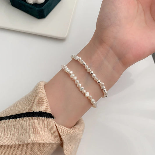 100% S925 sterling silver Sweet ins Baroque Pearl Irregular Freshwater Pearl Silver Bead Round Bead Elastic Bracelet Bracelet