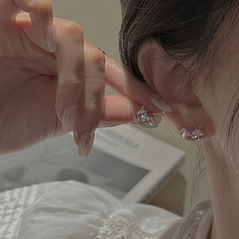 100% 925 Sterling Silver Crushed Ice Pony Earrings Korean Style Simple Basic Ear Accessories