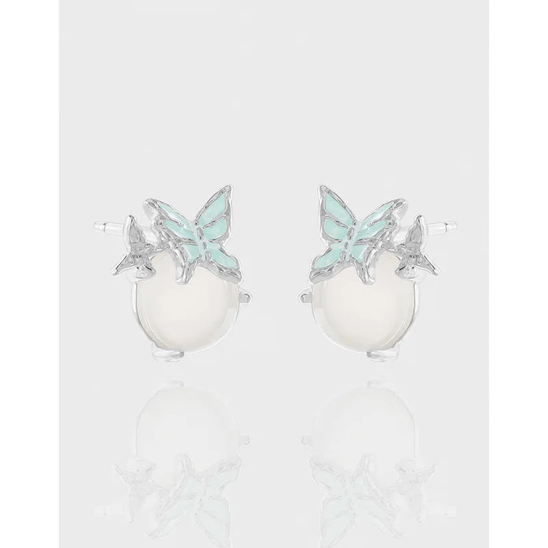 100% 925 Sterling Silver Simple and versatile light blue drop glue butterfly white agate earrings Korean version jewelry