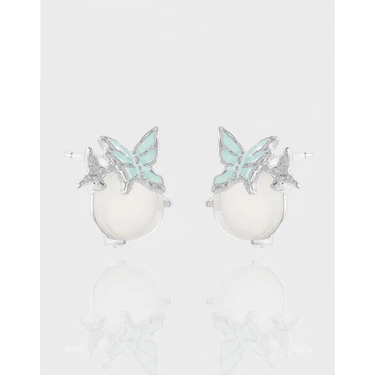 100% 925 Sterling Silver Simple and versatile light blue drop glue butterfly white agate earrings Korean version jewelry