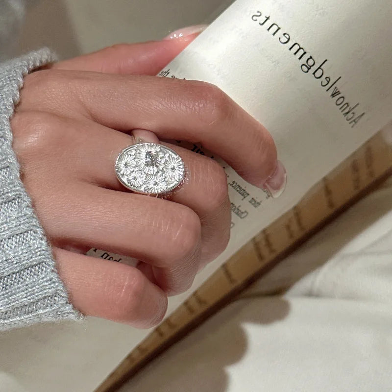  S925 Sterling Silver Zircon small flower simple ring Korean version Korean style retro ring wholesale