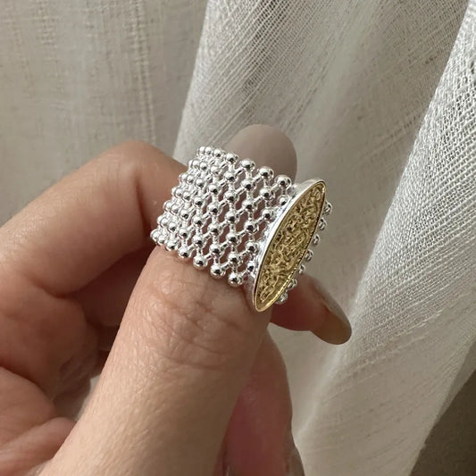 925 Sterling Silver Exaggerated Large Wide Beads Finger Open Ring Charm Adjustable Wedding Birthday Gift Gold and silver