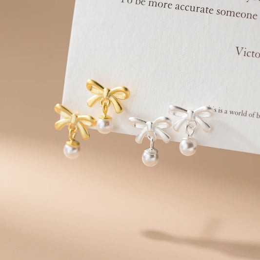 100% 925 Sterling Silver Pearl Earrings for Women Bow Earrings Women Ribbon Stud Earrings Jewelry Gift