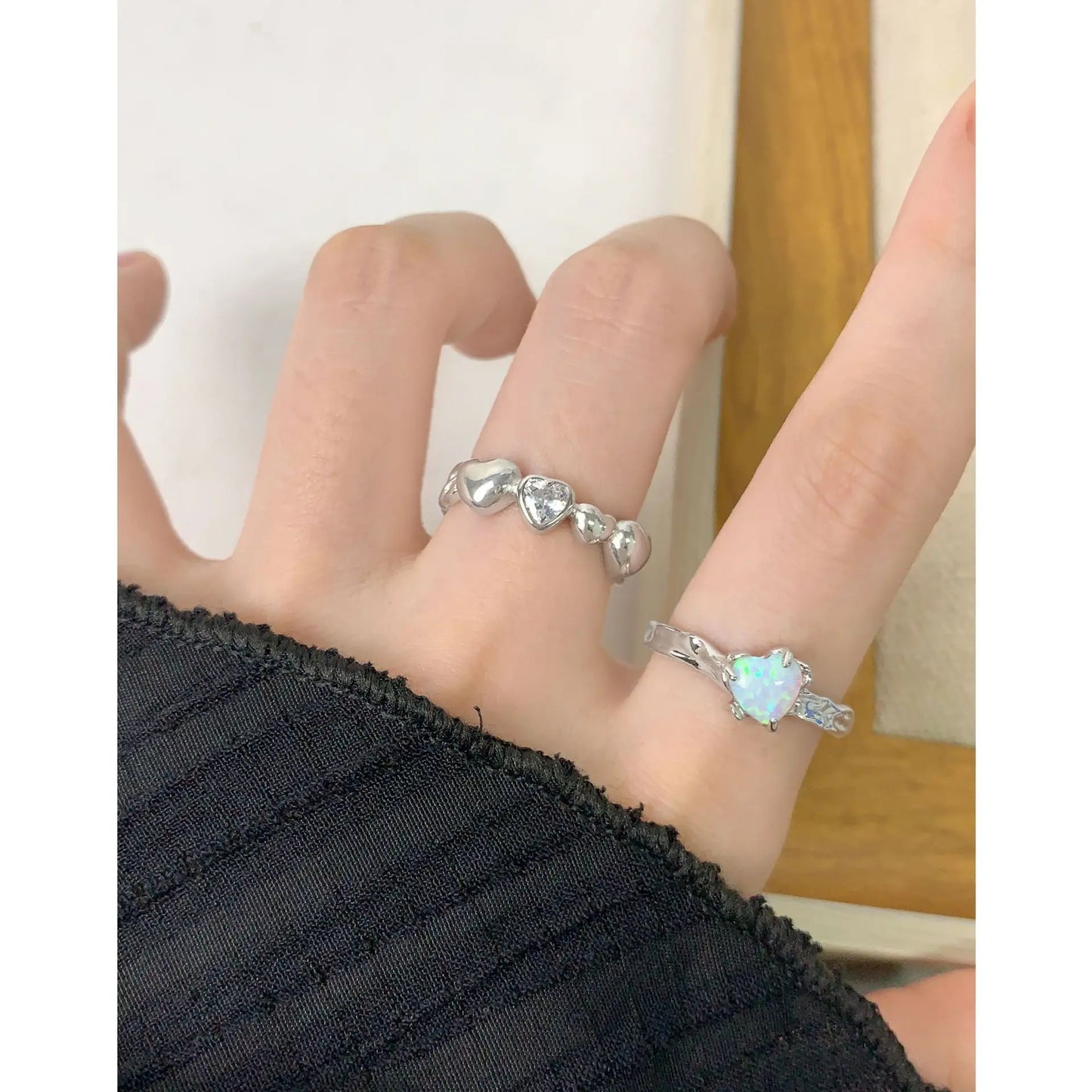 925 Sterling Silver Design wrinkled texture Opal stone ring irregular ring