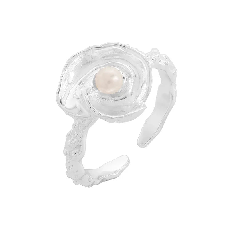 100% Authentic 925 sterling silver Natural pearl irregular wrinkled texture ring with conch shaped design open ring
