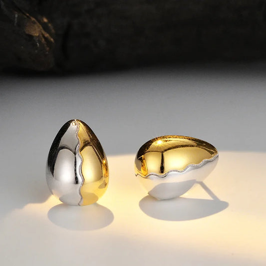 simple design S925 pure silver blocked egg shaped earrings for women, small and shiny, fashionable and versatile, water droplet