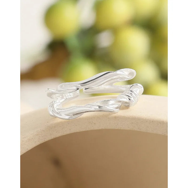  S925 Sterling Silver Twist Geometric Ring Female Simple Unique Design Fashion Adjustable Jewelry