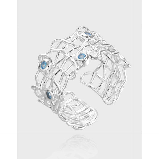  S925 Sterling Silver Weaving Grid Open Ring Female Resizable Opening Ring For Women Birthday Gift 