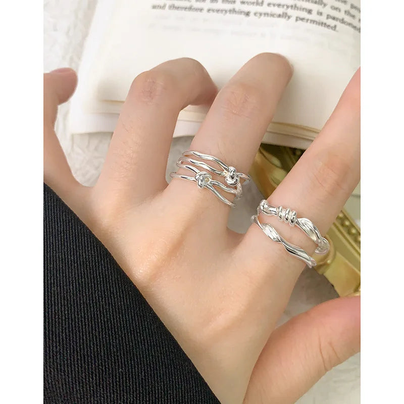  S925 Sterling Silver Twist Geometric Ring Female Simple Unique Design Fashion Adjustable Jewelry