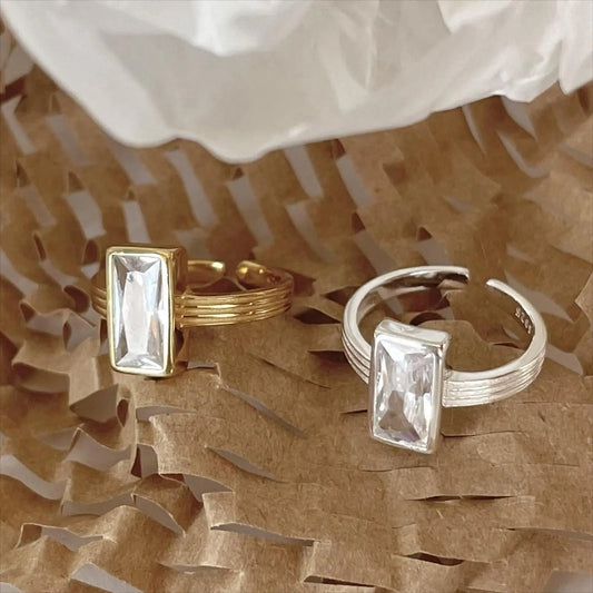 SHANICE S925 Sterling Silver  Opening Ring for Women Girl Simple Vintage Square CZ Crystal Ring Fashion Jewelry Party Gift