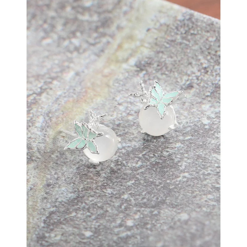 100% 925 Sterling Silver Simple and versatile light blue drop glue butterfly white agate earrings Korean version jewelry