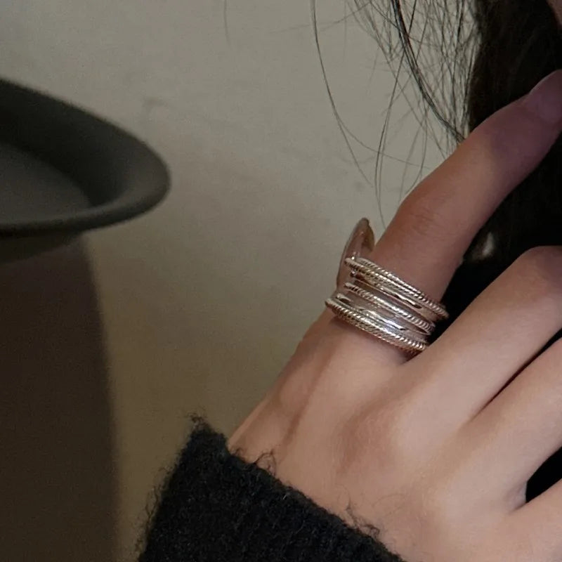 925 Sterling Silver  Multi layer Line Ring Korean Edition Fashionable Personalized Simple Texture Ring
