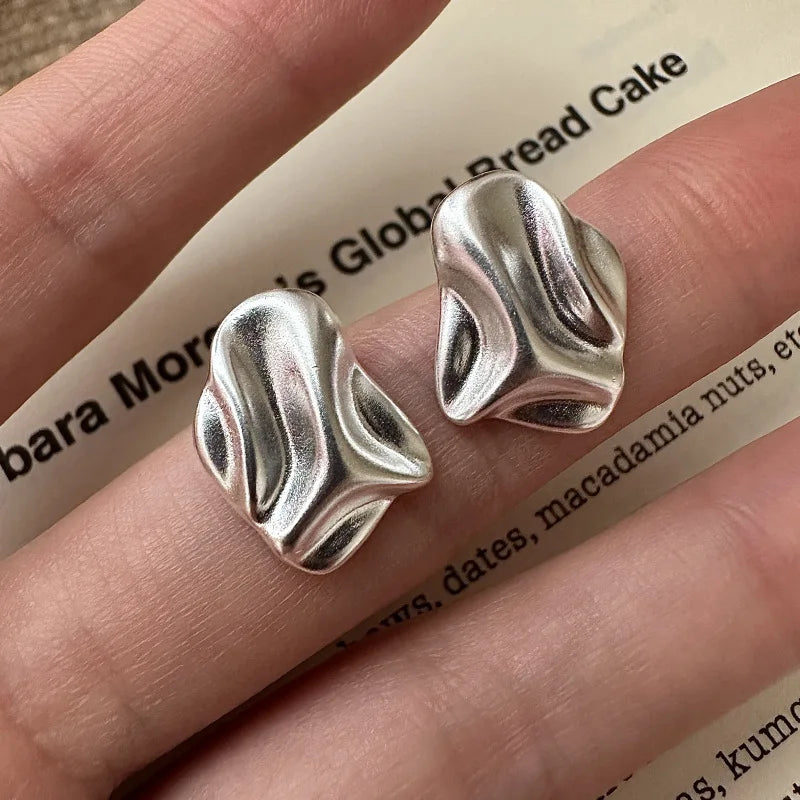 100% 925 Sterling Silver Retro Fold Texture Stud Earrings Exquisite Geometric Jewelry Women Earrings Gift 