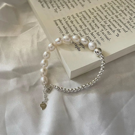 100% S925 Sterling silver Freshwater Pearl Splicing Handmade Round Bead Bracelet Vintage INS Style Korean Handmade Jewelry Whole