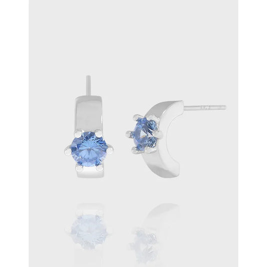 100% 925 Sterling Silver Blue CZ Crystal Half Square Circle Stud Earrings for Women Party Dress Jewelry Accessories