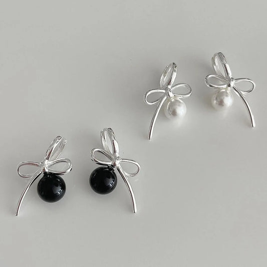 100% 925 Sterling Silver Pearl Stud Earrings for Women Korean Black Agate Butterfly Knot Bowknot Rose Statement Wedding Jewelry