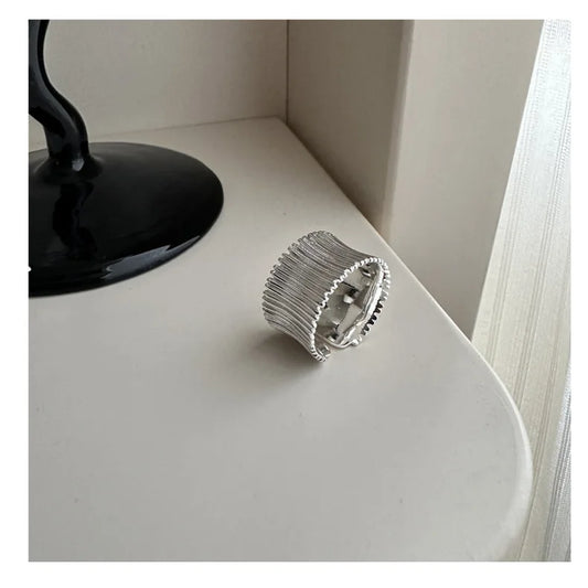 925 Sterling Silver Wrinkled Wide Face Ring Blogger Simple Fashion Trendy Geometric Stripe Open Ring