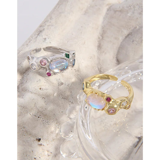 18k Yellow Gold Small Design Micropaved Colored Zircon Moonstone Textured Sterling Silver S925 Ring Flower