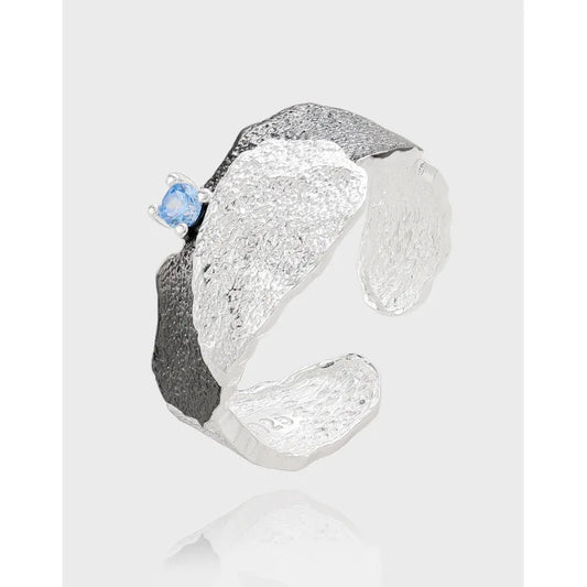  S925 Sterling Silver Irregular wrinkled texture texture inlaid with sea blue zirconium opening ring