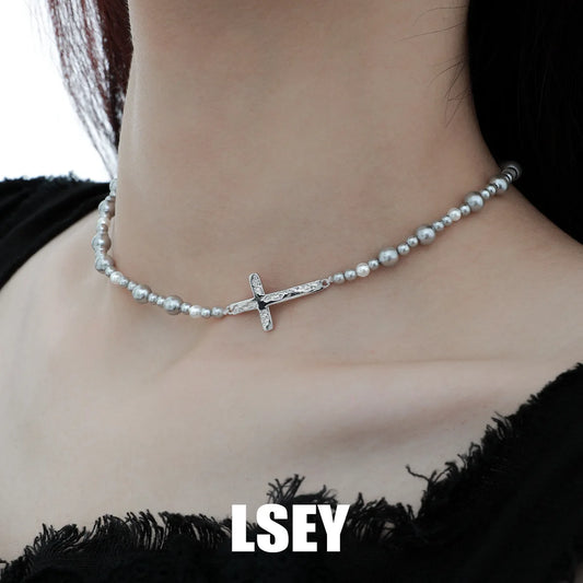 100% S925 Sterling silver Cross pearl necklace, cold style, niche, high-end necklace, silver jewelry wholesale