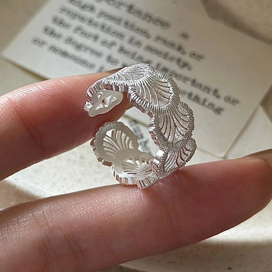  S925 Sterling Silver Lace Wide Hollow Ring, Female Open Mouth Style, Versatile, Silver Gentle