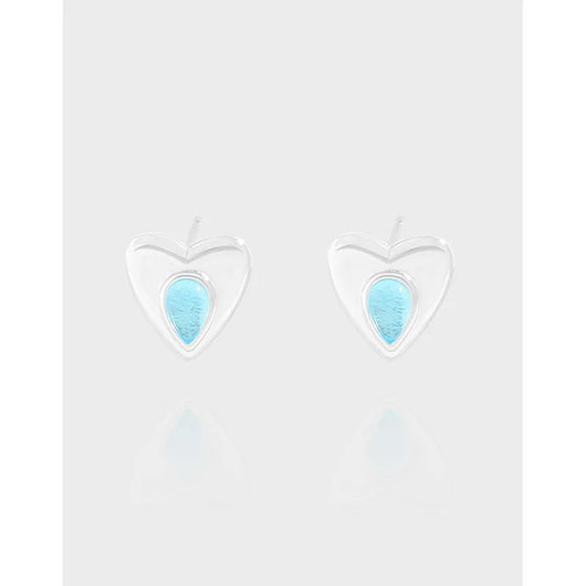 Trend Ocean Blue Crystal Real Sterling Silver S925 Stud Earrings Small Heart Piercing Ear Fashion Fine Jewelry Wholesale