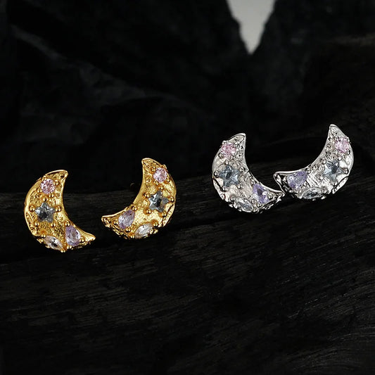 Small S925 Sterling Silver Irregular Moon Earrings Female Sweet Cool Wind Colorful Diamond Dopamine Earrings